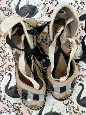 Burberry Beige and Black Check Espadrille Wedge Sandals with Ribbon Ties